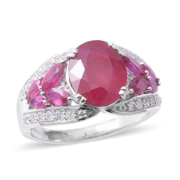 7.01 Ct African Ruby and Zircon Classic Ring in Rhodium Plated Silver 5.10 Grams