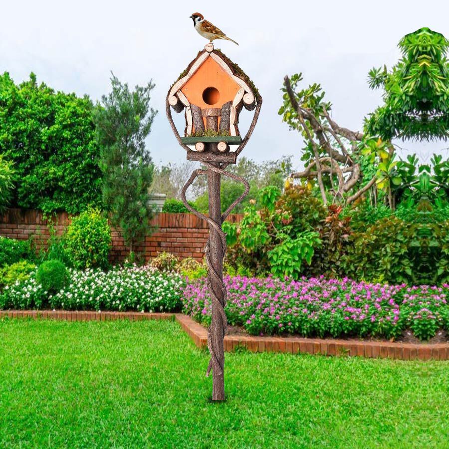 Handmade Wooden Bird House with Stand (Size 83x10x18 Cm) Orange