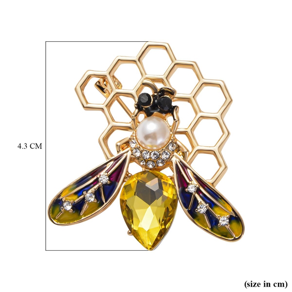 Simulated Champagne Diamond, Simulated Pearl, Black and White Austrian Crystal Enamelled Honey Bee Brooch in Gold Tone