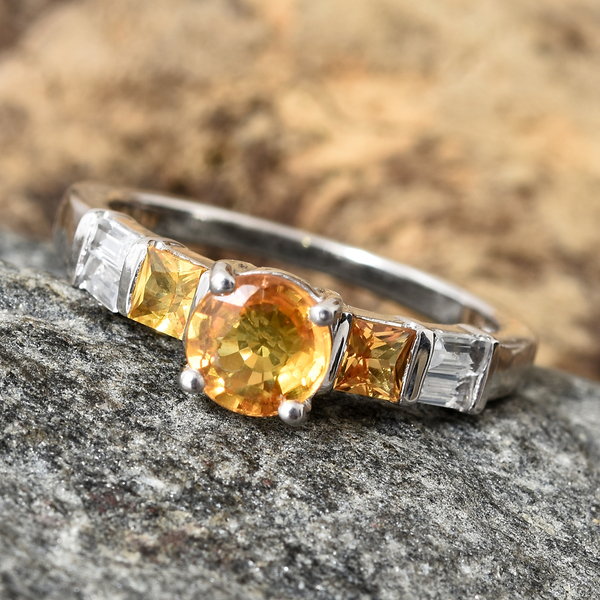 Yellow Sapphire (Rnd), Natural Cambodian Zircon Ring in Platinum Overlay Sterling Silver 1.500 Ct.