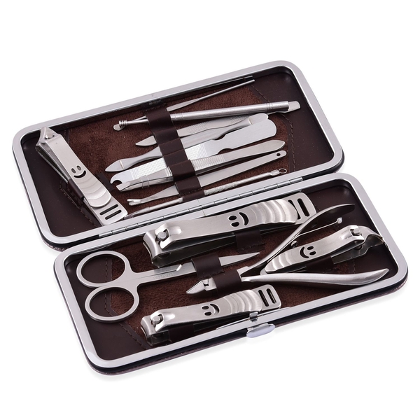 Set of 14 - Stainless Steel Beauty Tools with Grey and Chocolate Colour Case (Size 16x9 Cm)