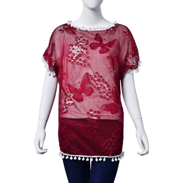Floral and Butterfly Pattern Red Colour Poncho with White Pom Pom