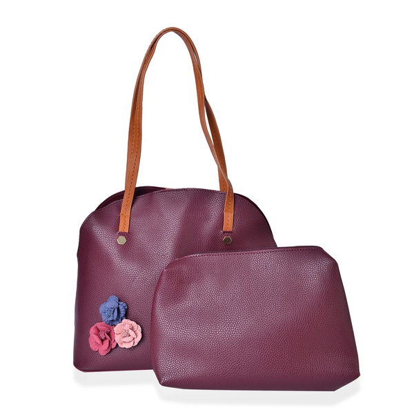 Set of 2 - Multi Colour 3D Flowers Embellished Burgundy Colour Handbag (Size 34X29X15 Cm) and Pouch 