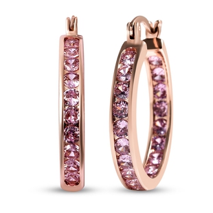 Simulated Pink Sapphire Hoop Earrings (With Clasp) in Rose Gold Tone