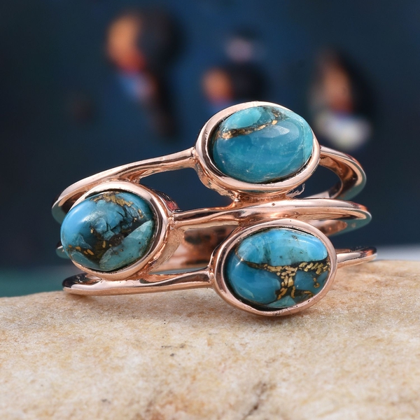 Mojave Blue Turquoise (Ovl) Trilogy Ring in Rose Gold Overlay Sterling Silver 2.250 Ct.