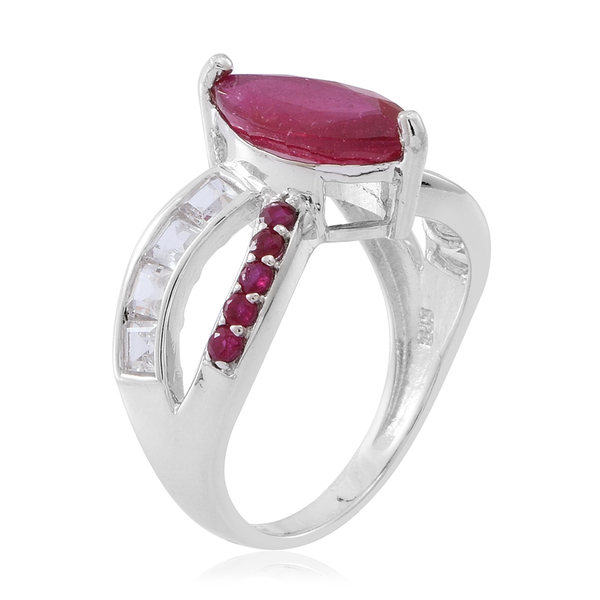 African Ruby (Mrq 3.15 Ct), Ruby and White Topaz Ring in Rhodium Plated Sterling Silver 4.450 Ct.