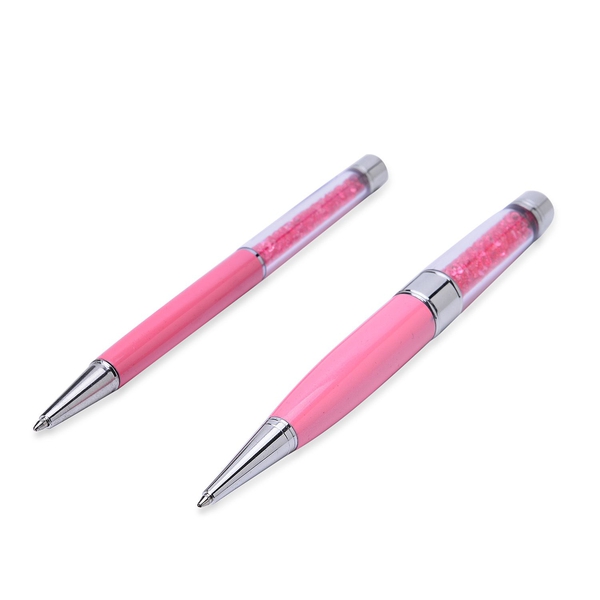 Set of 2 - Pink Crystals filled Pink Colour Pen (Black Ink), 1 Pen with 16GB USB and 2 Extra Refills (Blue Ink) in a Box