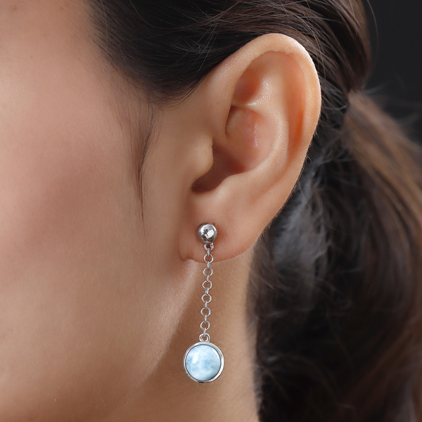 Larimar Dangling Earrings ( With Push Back )in Platinum Overlay Sterling Silver 6.89 Ct.