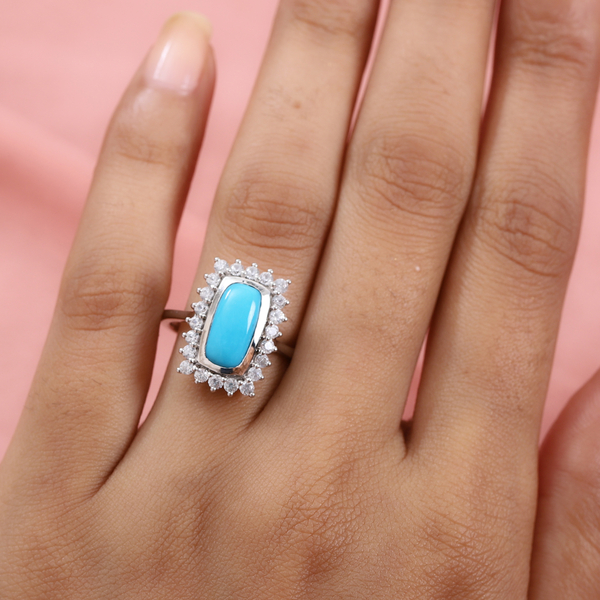Arizona Sleeping Beauty Turquoise and Natural Cambodian Zircon Ring in Platinum Overlay Sterling Silver 3.09 Ct.