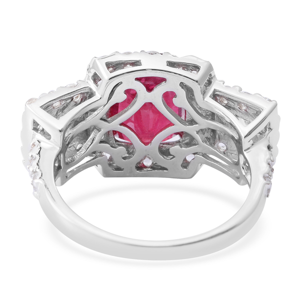 African Ruby (Cush 6.50 Ct), White Topaz Ring in Rhodium Plated Sterling Silver 9.350 Ct. Silver wt 5.53 Gms.