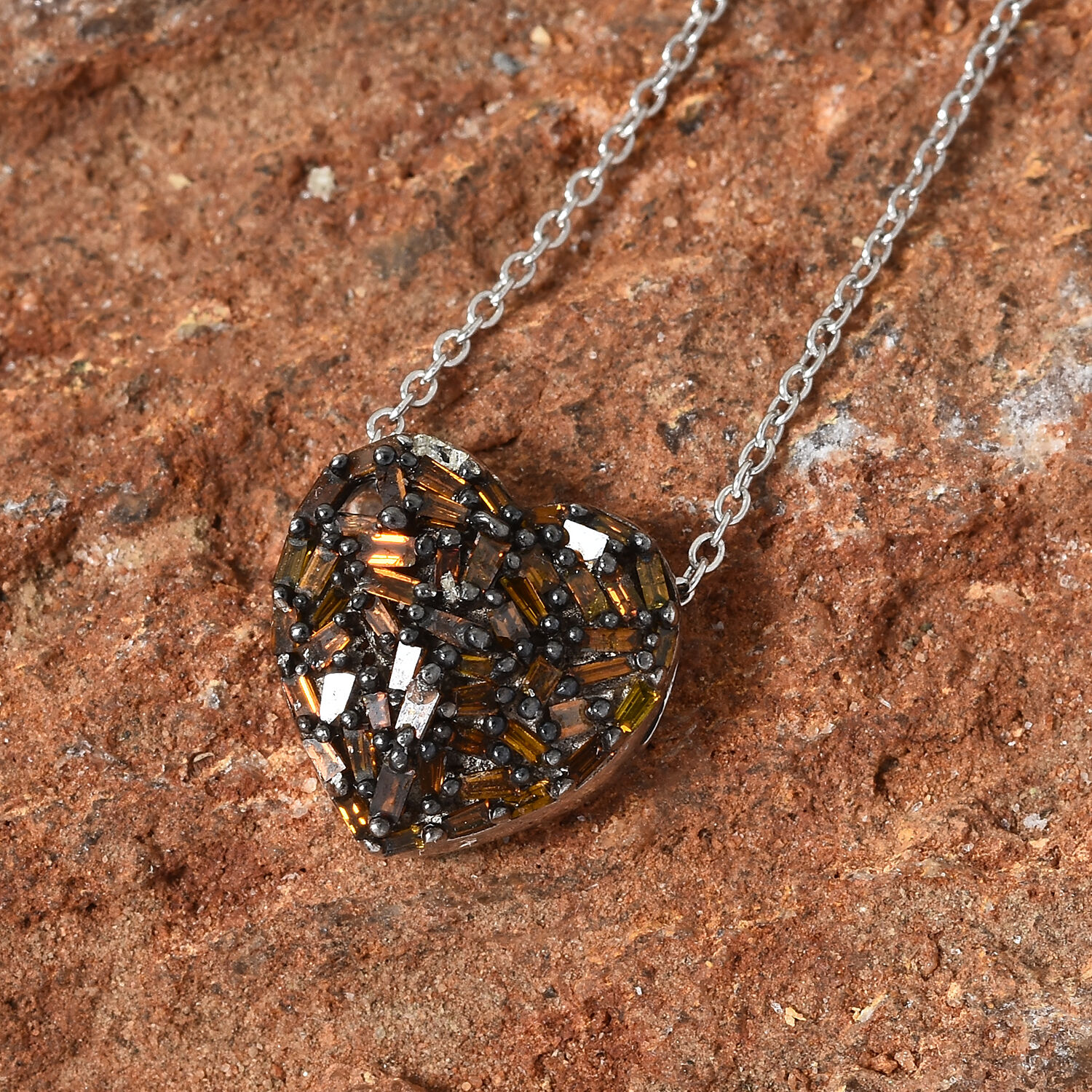 GP - Red Diamond & Blue Sapphire Heart Pendant With Chain (Size 20) in Rhodium Overlay Sterling Silver 0.36 Ct.