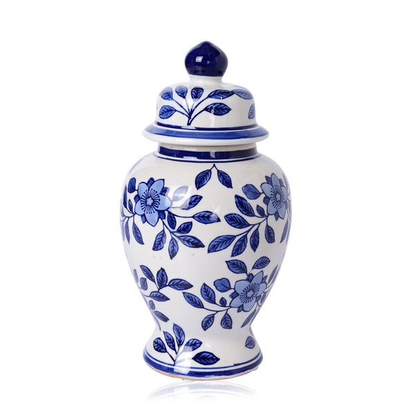 (Option 1) Classic Chinese Blue Colour Flower and Leaves Printed White Colour Pot (Size 26 Cm)