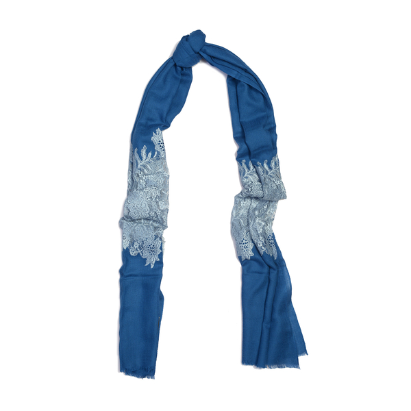 Designer Inspired One Time Offer - Cashmere Wool and Mulberry Silk Shawl With Lace Work and Fringes - Blue  (Size 200x70 Cm)