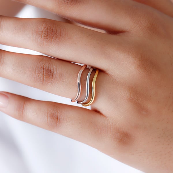 Set of 3 - Tricolour Overlay Sterling Silver Wave Stackable Band Ring