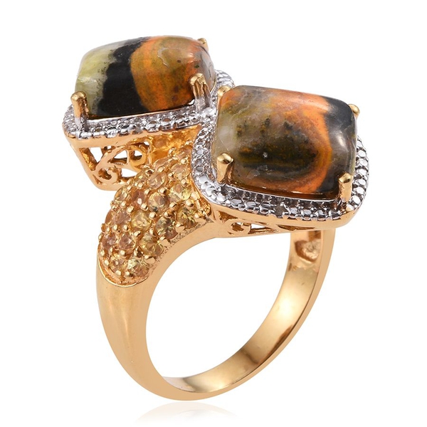 Bumble Bee Jasper (Cush), Yellow Sapphire and White Diamond Crossover Ring in 14K Gold Overlay Sterling Silver 11.770 Ct.