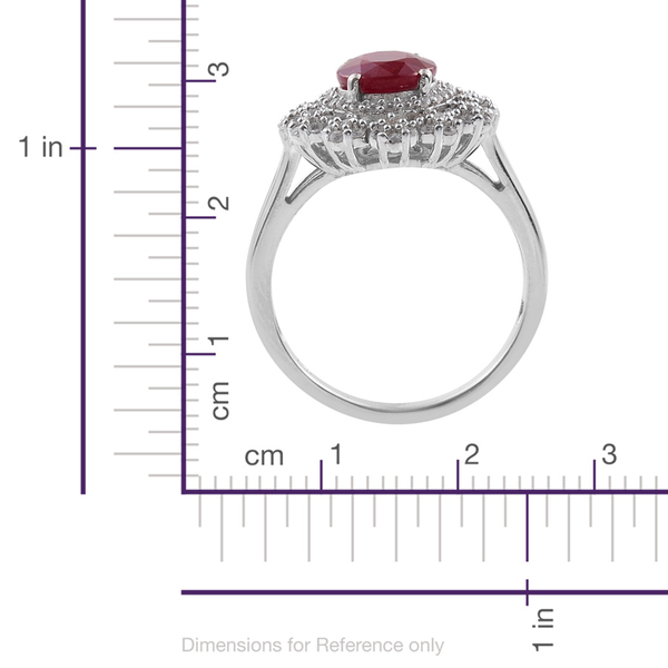 African Ruby (Ovl 4.00 Ct), Natural Cambodian Zircon Floral Ring in Platinum Overlay Sterling Silver 5.250 Ct.