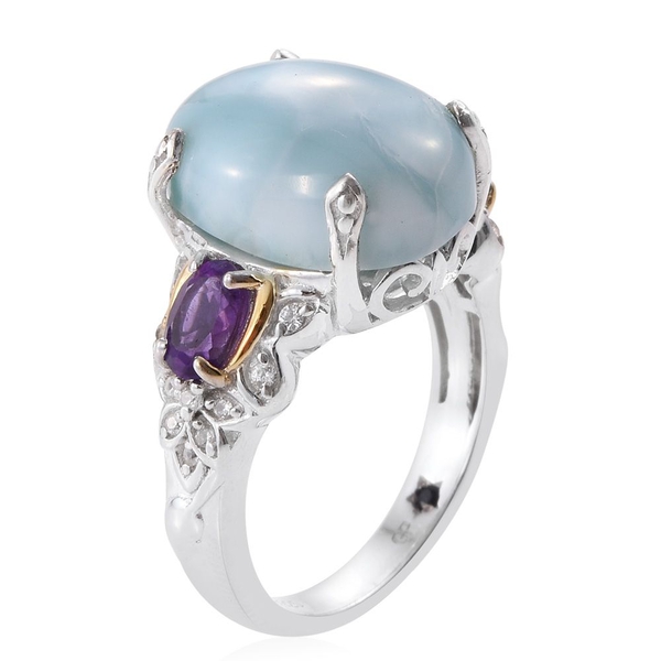 GP Larimar (Ovl 10.80 Ct), Amethyst, Natural Cambodian Zircon and Kanchanaburi Blue Sapphire Ring in Platinum and Yellow Gold Overlay Sterling Silver 12.000 Ct.