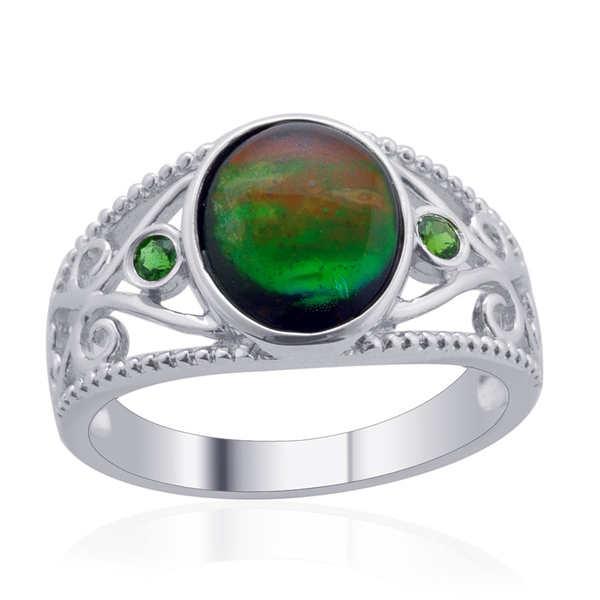 Canadian Ammolite (Ovl 1.90 Ct), Chrome Diopside Ring in Rhodium Plated Sterling Silver 2.000 Ct.