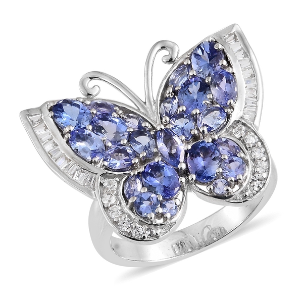 6.25 Ct Tanzanite and Zircon Butterfly Ring in Platinum Plated Silver 6.86 Grams