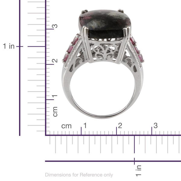 Natural  Eudialyte (Cush 12.50 Ct), Rhodolite Garnet and Diamond Ring in Platinum Overlay Sterling Silver 13.320 Ct.