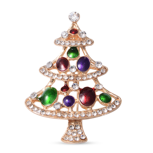 Christmas White Austrian Crystal Tree Enamelled Brooch in Yellow Tone