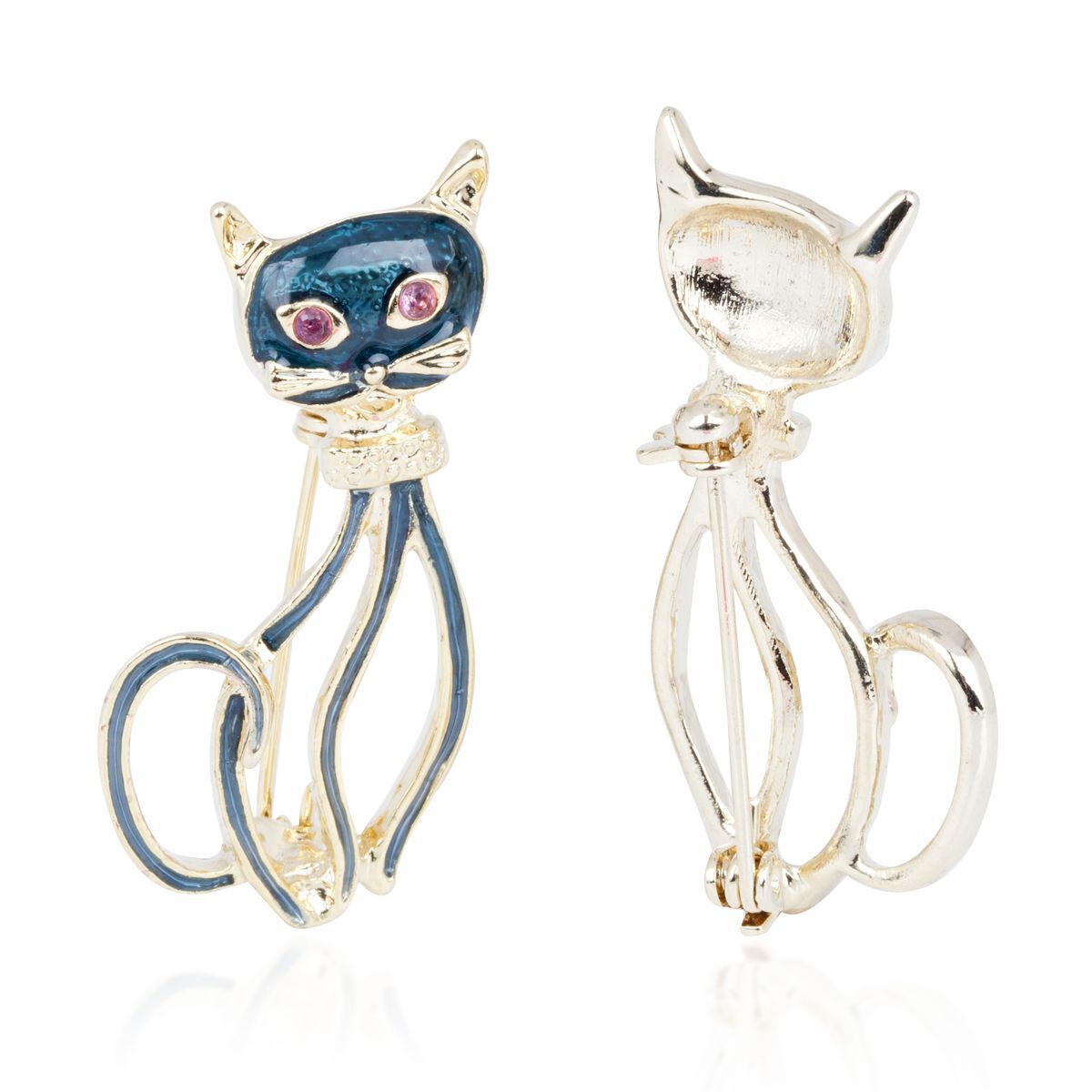 Set of 2 - Blue and Red Enameled Cat Shape Brooch with Gemstones