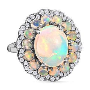 Ethiopian Welo Opal and Natural Cambodian Zircon Ring in Platinum Overlay Sterling Silver 4.51 Ct.