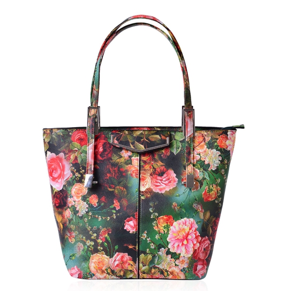Chelsea Green with Multi Colour Floral Pattern Tote Bag With Adjustable Shoulder Strap (Size 39x29x3