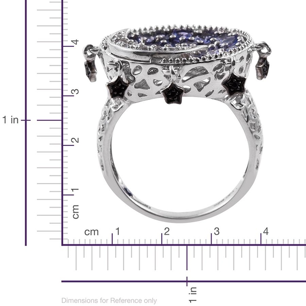 GP Tanzanite (Ovl 0.50 Ct), White Topaz, Boi Ploi Black Spinel and Kanchanaburi Blue Sapphire Moon and Star Ring in Platinum Overlay Sterling Silver 3.750 Ct.