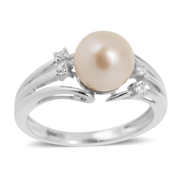 9K W Gold Japanese Akoya Pearl (Rnd 2.65 Ct), White Zircon Ring 2.750 Ct.