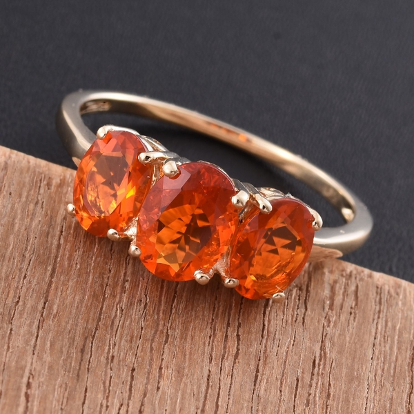 9K Y Gold AAA Jalisco Fire Opal (Ovl 0.87 Ct) 3 Stone Ring 2.000 Ct.