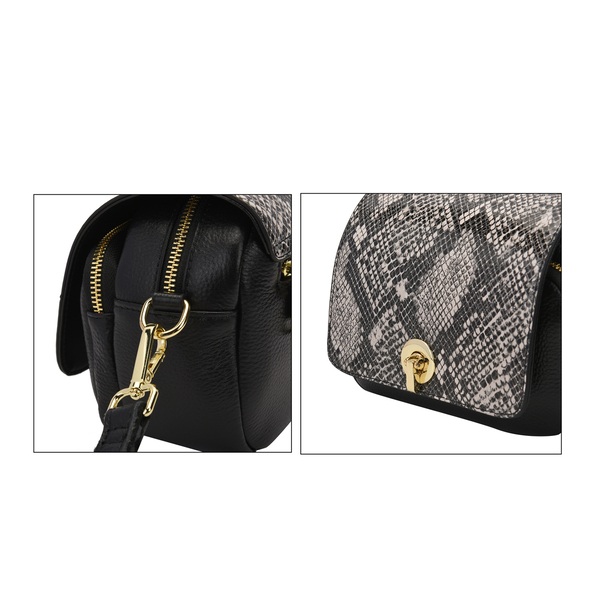 Genuine Leather Womens Snake Print Crossbody Bag with Shouler Strap (Size 19x7x14 Cm) - Black & White