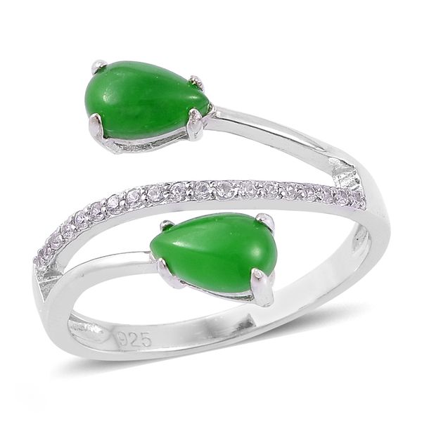 Green Jade (Pear), White Zircon Ring in Platinum Overlay Sterling Silver 2.450 Ct.