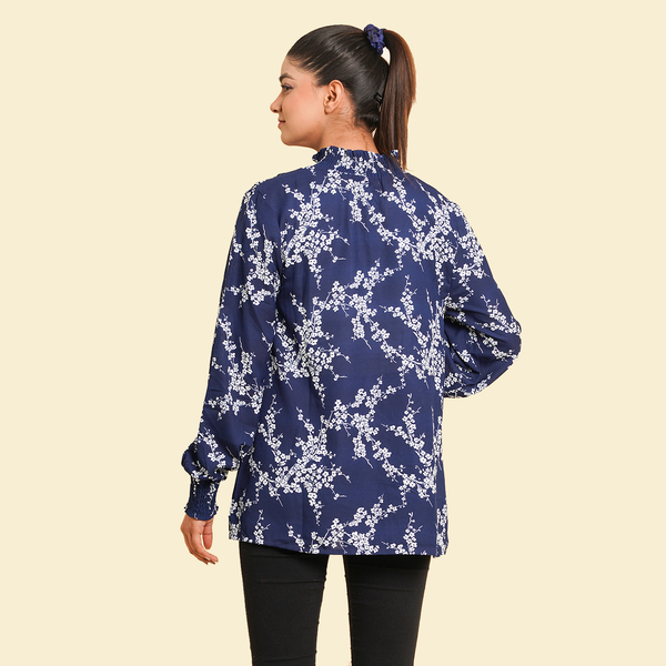 TAMSY Floral Pattern Top (Size 8) - Navy & White