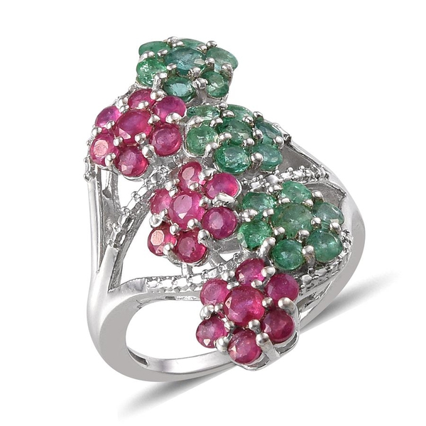 Kagem Zambian Emerald (Rnd), African Ruby Floral Ring in Platinum Overlay Sterling Silver 4.000 Ct.
