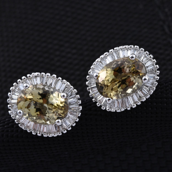 ILIANA 18K White Gold 3.15 Carat Natural Yellow Tanzanite Oval Halo Stud Earrings, Diamond SI G-H with Screw Back.
