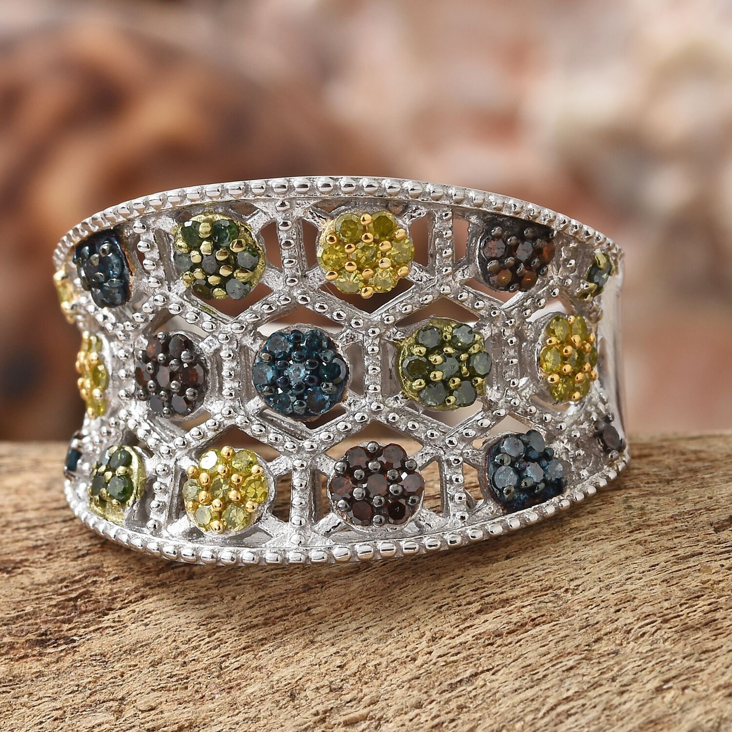 Yellow Diamond (Rnd), Red Diamond, Blue Diamond and Green Diamond Ring in Platinum Overlay Sterling Silver 0.753 Ct. Silver wt 7.94 Gms.