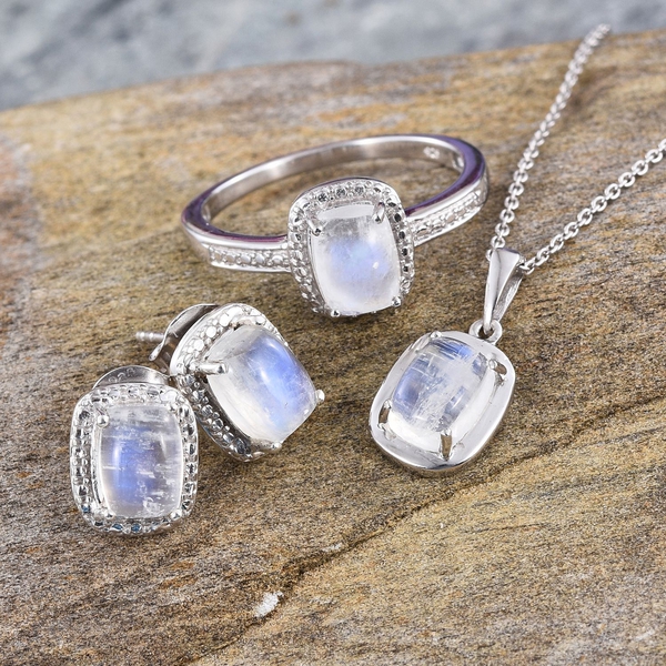 Natural Rainbow Moonstone (Cush) Ring, Pendant With Chain and Stud Earrings in Platinum Overlay Sterling Silver 7.000 Ct.