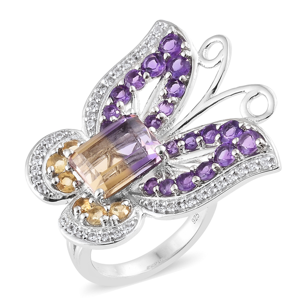 6.25 Ct AA  Anahi Ametrine and Multi Gemstone Butterfly Ring in Platinum Plated Silver 8.18 Grams