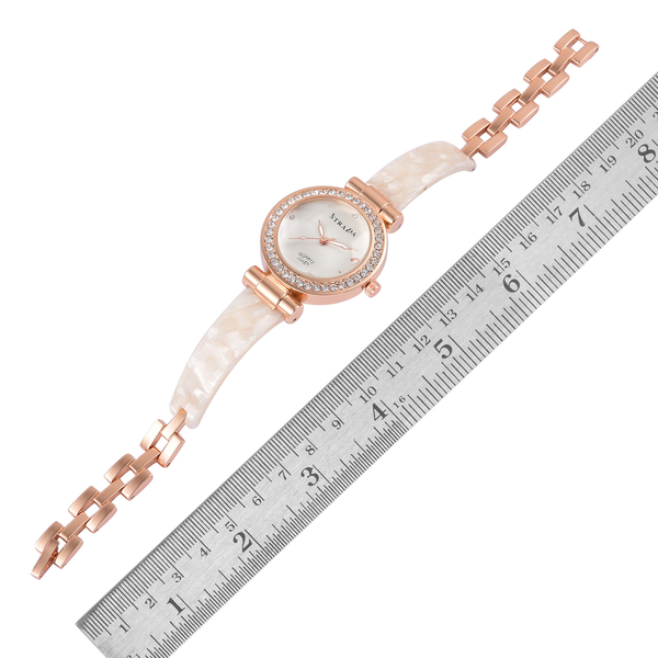 STRADA Japanese Movement White Austrian Crystal Studded White Dial Watch in Rose Gold Tone with Stainless Steel Back and White Colour Strap
