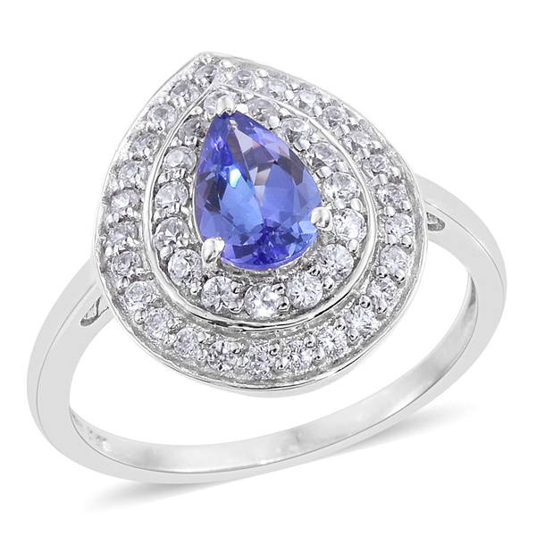 Tanzanite (Pear 1.35 Ct), Natural Cambodian Zircon Ring in Platinum Overlay Sterling Silver 2.250 Ct