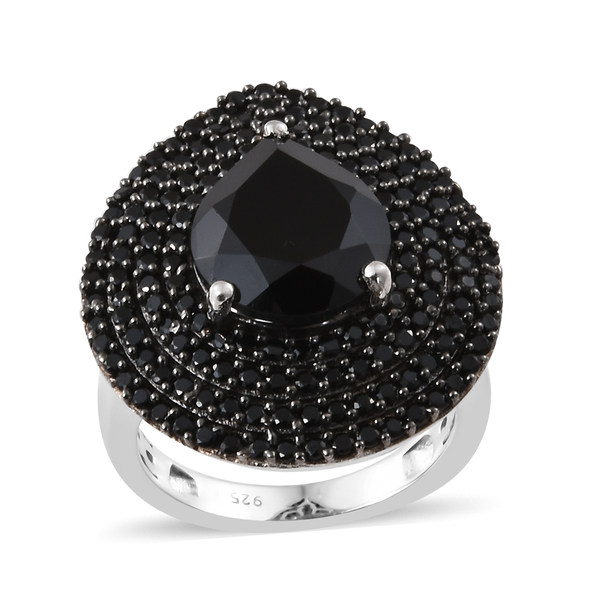 7 Carat Boi Ploi Black Spinel Cluster Ring in Platinum Plated Silver 6.34 Grams