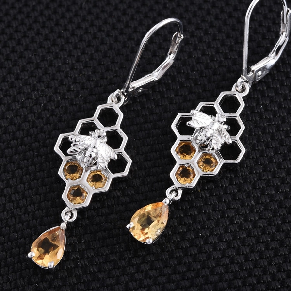 Citrine (Pear) Honeycomb with Bee Lever Back Earrings in Platinum Overlay Sterling Silver 1.750 Ct.