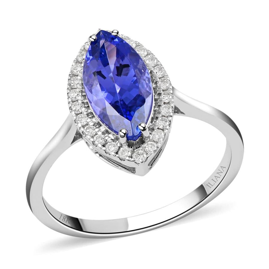 Certified and Appraised ILIANA 18K White Gold AAA Tanzanite and Diamond SI GH Halo Ring Gold 3.36 grams, 2.20 Ct