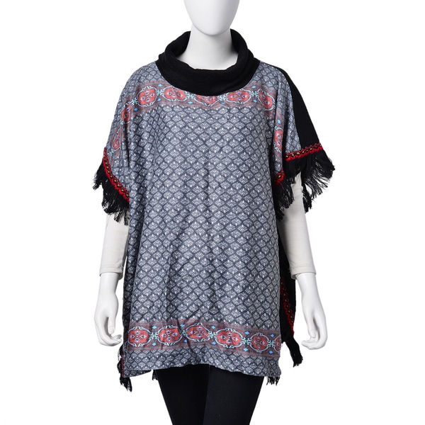Black, Red and Multi Colour Rhombus Pattern Turtle Neck Poncho with Tassels (Free Size)