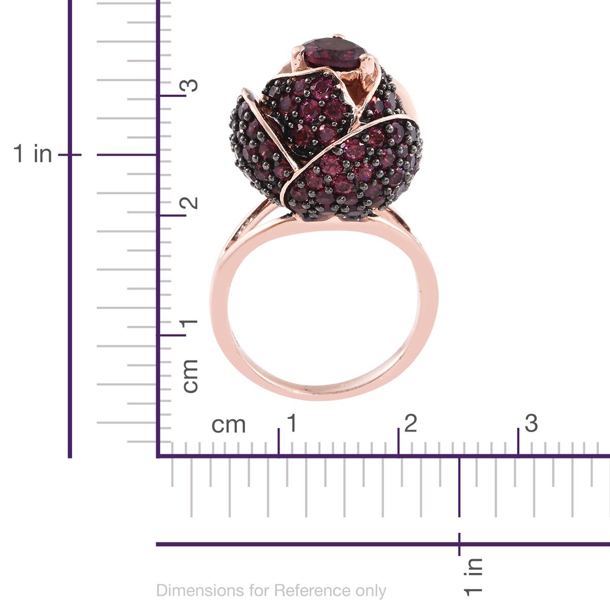 Designer Inspired-Rhodolite Garnet (Rnd) LOTUS Ring in Black Rhodium and Rose Gold Overlay Sterling Silver 5.750 Ct. Silver wt. 7.80 Gms. Number of Gemstones 106