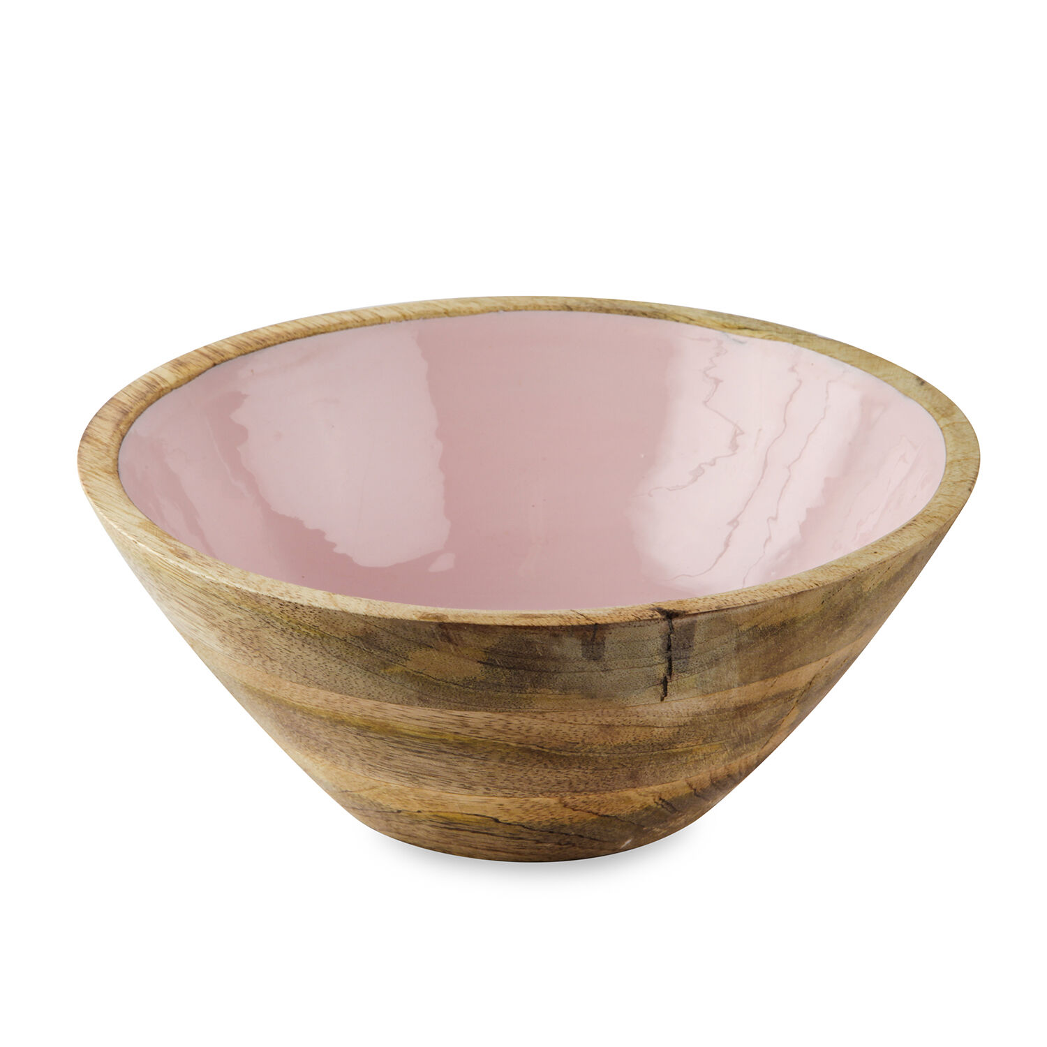 Set of 7 Pcs. - Food Serving Set in Mango Wood with Pink Enamel Interior - 1 Large Bowl, 4 Small Bowls, Spoon and Fork