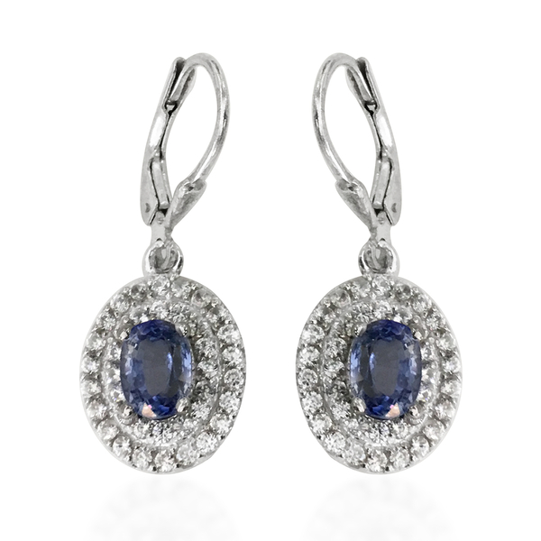 3.74 Ct Ceylon Sapphire and White Zircon Halo Drop Earrings in Sterling Silver 5.2 Grams
