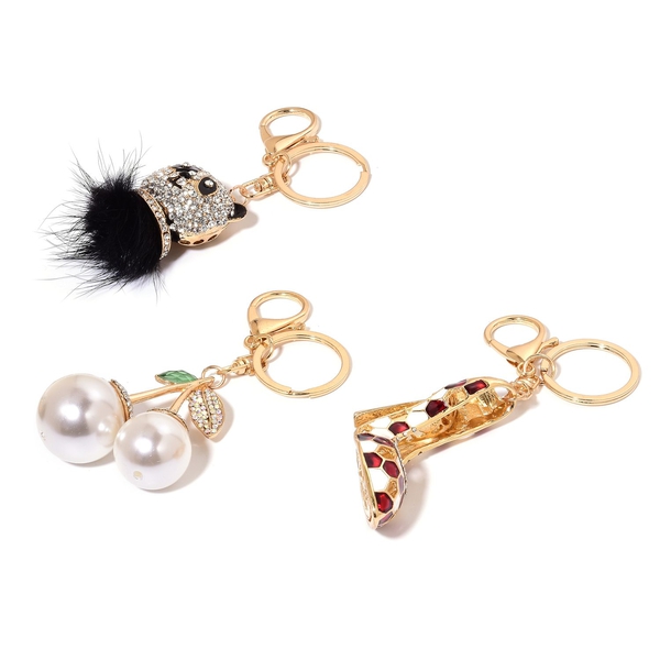 Set of 3 - White Austrian Crystal, Simulated Emerald and Simulated Pearl Bear and Sandal Enameled Key Chain in Gold Tone