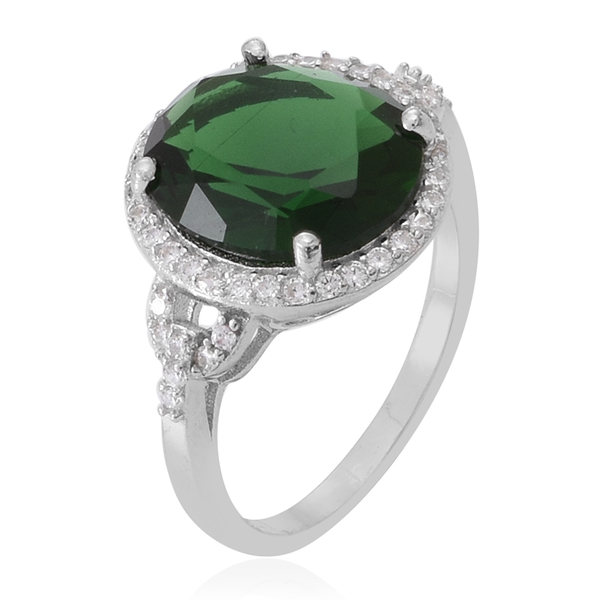 ELANZA AAA Simulated Green Tourmaline (Ovl), Simulated White Diamond Ring in Rhodium Plated Sterling Silver
